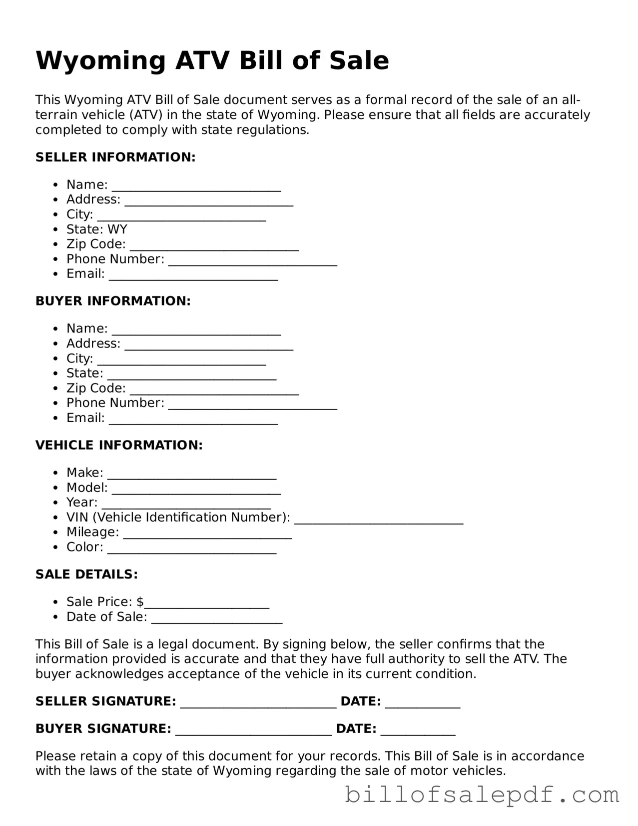 Legal Wyoming ATV Bill of Sale Form