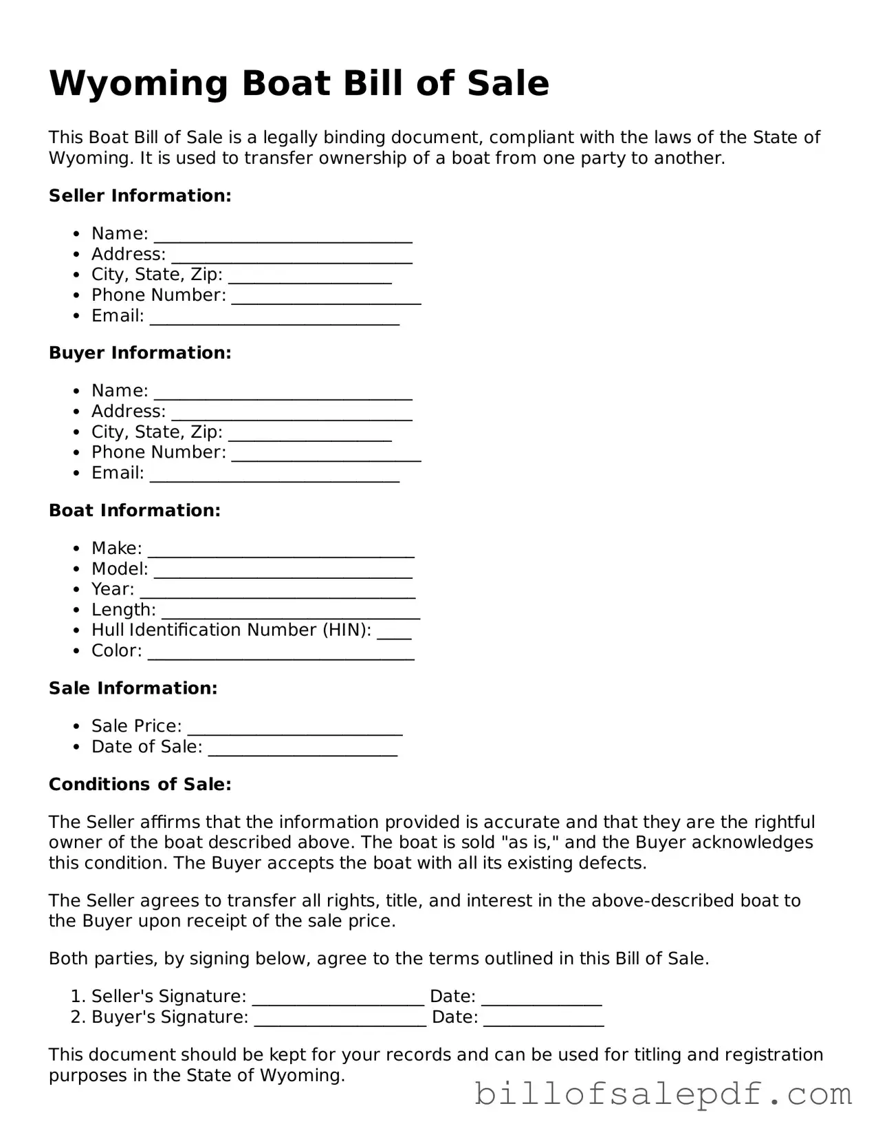 Legal Wyoming Boat Bill of Sale Form