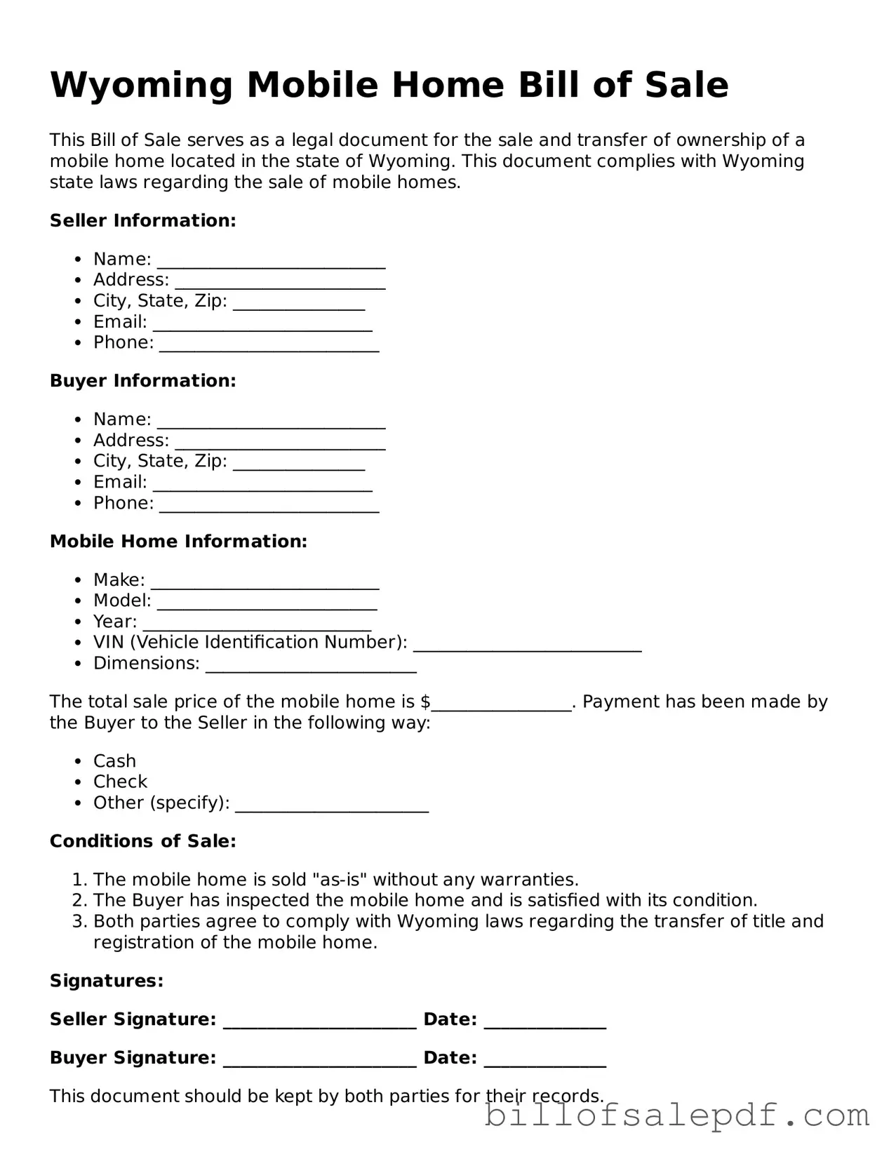 Legal Wyoming Mobile Home Bill of Sale Form