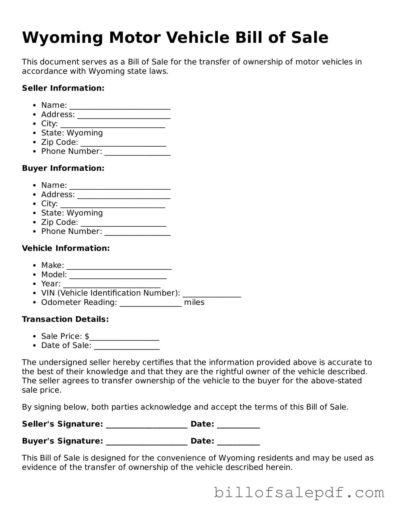 Legal Wyoming Motor Vehicle Bill of Sale Form