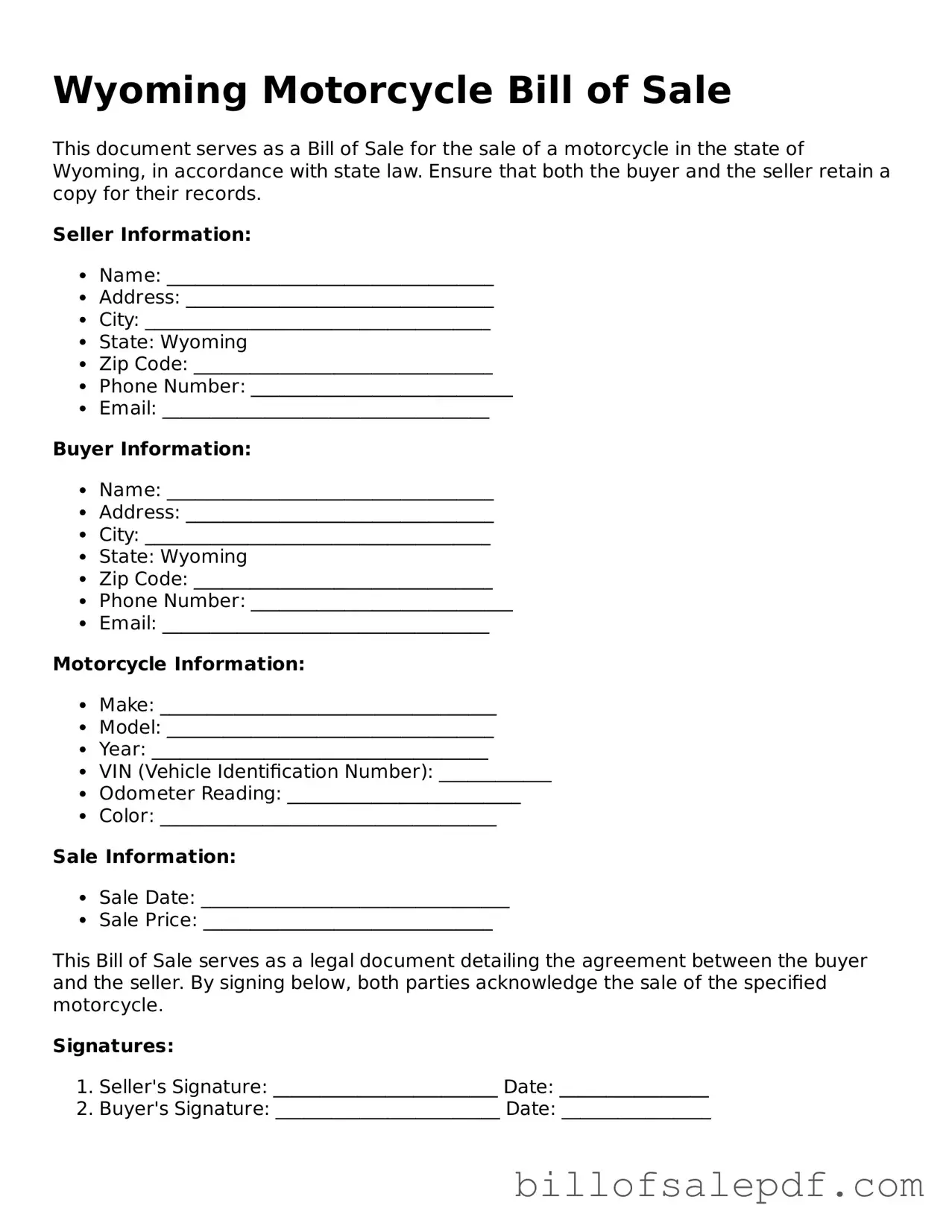 Legal Wyoming Motorcycle Bill of Sale Form