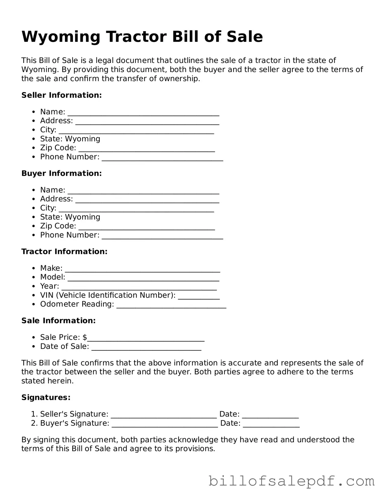 Legal Wyoming Tractor Bill of Sale Form