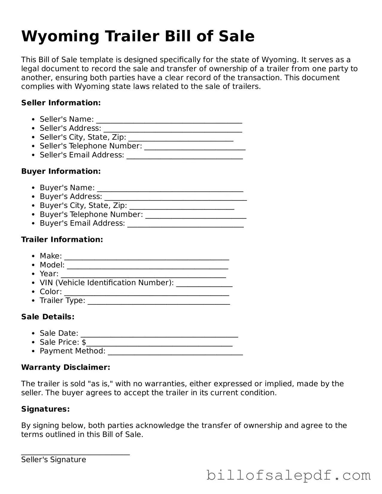 Legal Wyoming Trailer Bill of Sale Form